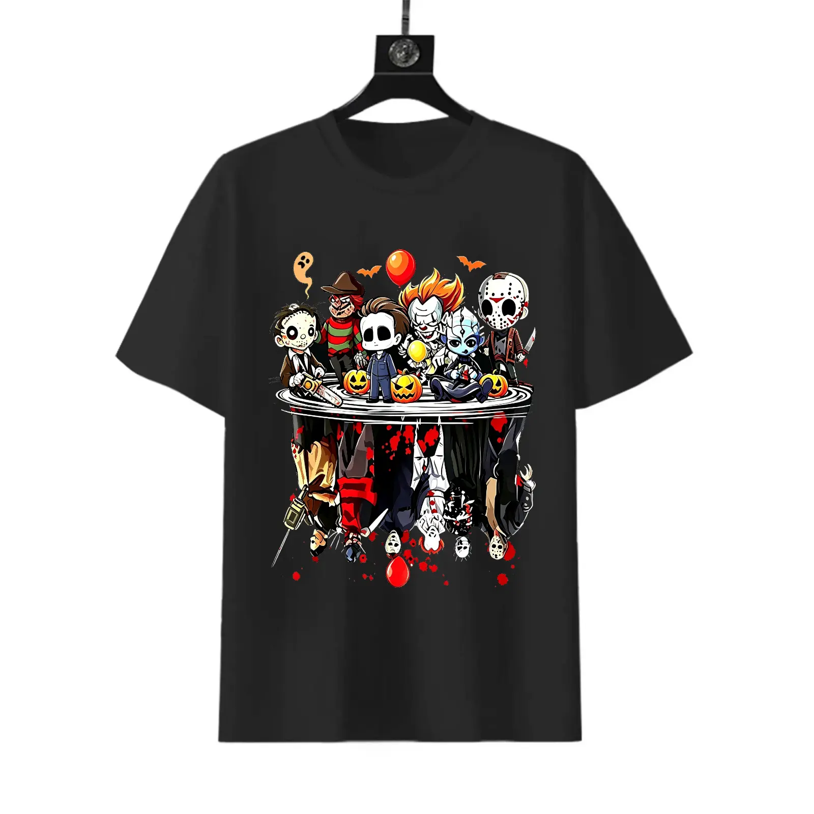 Horror Movie Characters Short-Sleeve Sports T-Shirt - Menswear Graphics Print Tee, Sporty Chic Casual Wear for Adults, Horror Lover Gifts, Spooky Season Halloween Party Shirt