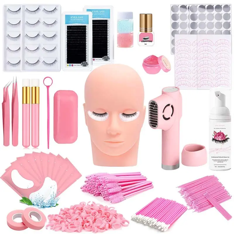 Complete Eyelash Extension Practice Kit, Includes Silicone Mannequin Head, USB Lash Fan, Tweezers, Single Lashes, Glue, Eye Pad, Ideal for Beginners