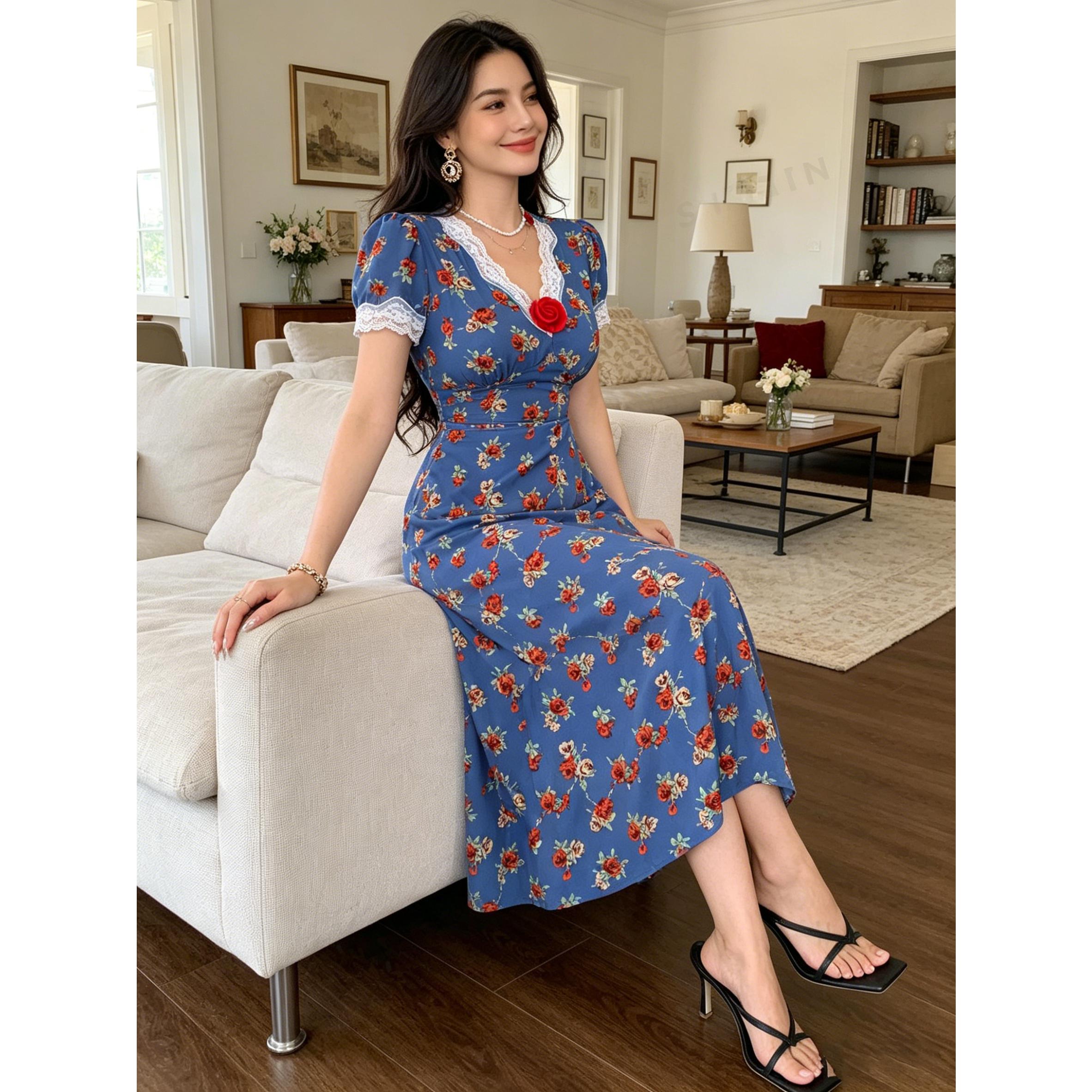 Vintage French Blue Floral Midi Dress Romantic Lace V-Neck Gown | S-XXL Inclusive Sizing | Perfect for Picnic, Date Night, Sunday Brunch & Tea Parties