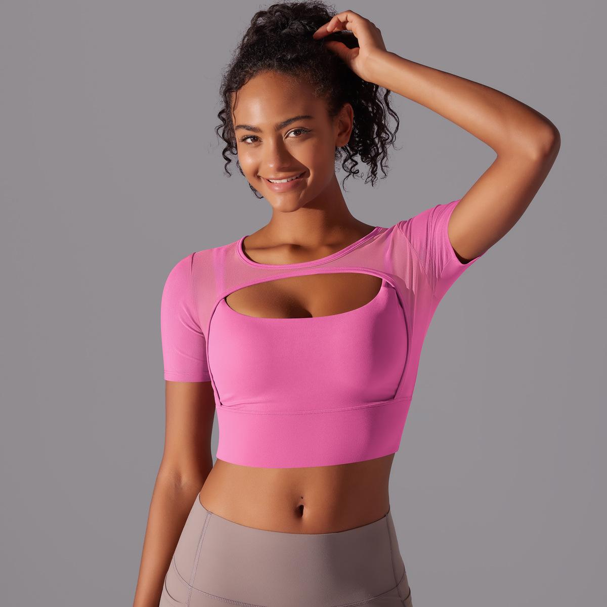 Classic Solid Color Mesh Stitching Double-Layer Short Sleeve Racerback Bra Top Women - Running, Fitness, Yoga Workout Top1123