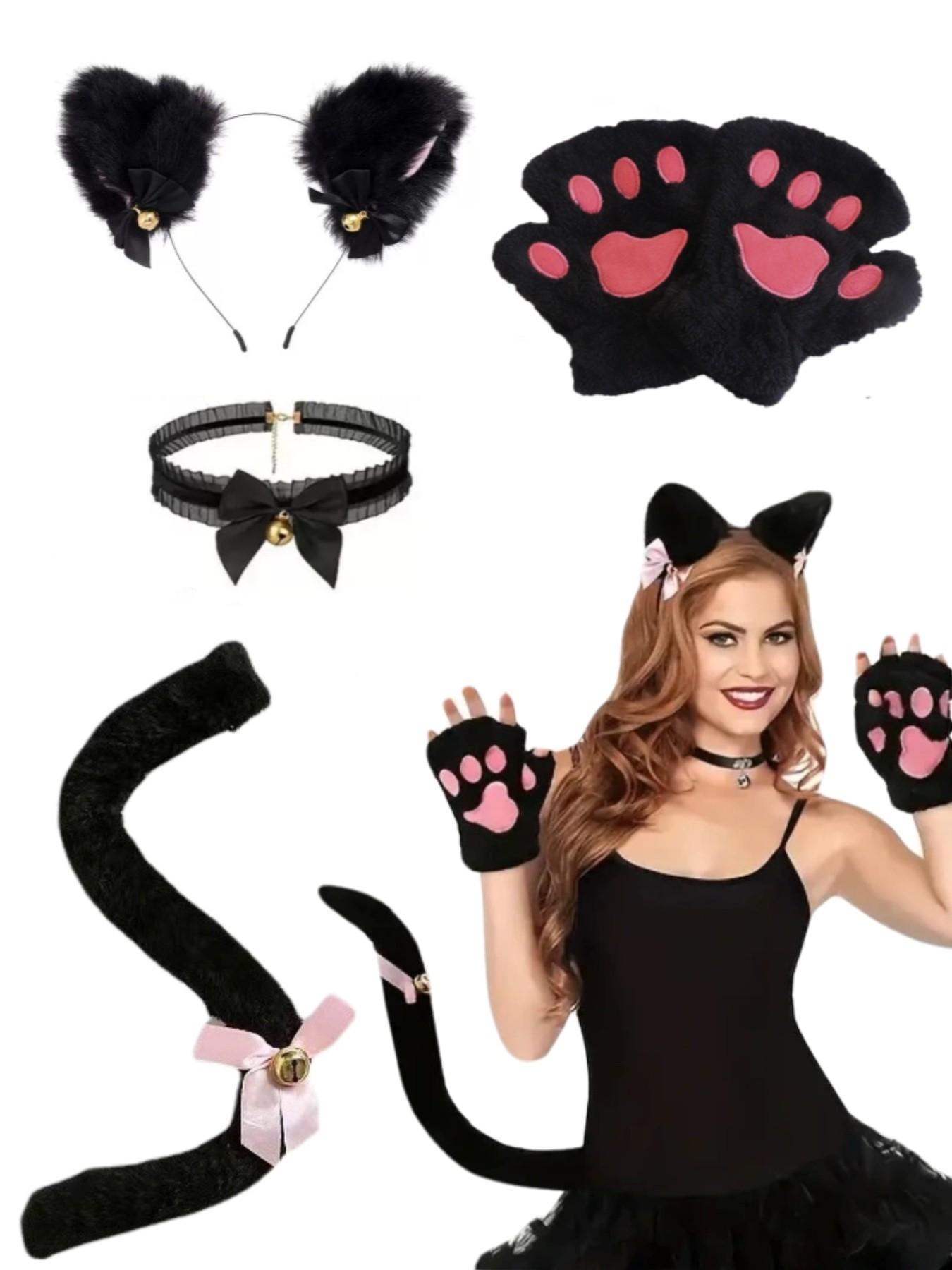 4-Piece Floral Cat Costume Set for Women, Includes Headband, Necklace, Gloves, Tail, Perfect for Halloween, Christmas, Cosplay, Performance