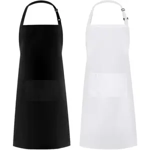 1Pack Cooking Kitchen Aprons for Women Men ChefAdjustable Bib Apron Waterdrop Resistant with 2 Pockets, Black, White