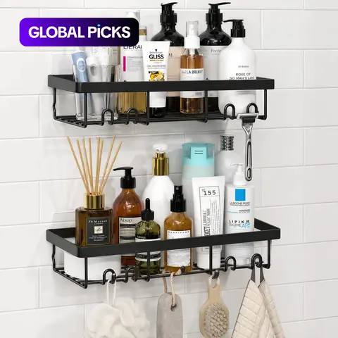 No-Drill Shower Storage Rack Set, 2-Piece Adhesive Wall-Mounted Bathroom Shelves, Space-Saving Shower Organizer with Hooks, for Bathroom, Shower, Kitchen and Utility Room, Bath Accessories #GLOBAL PICKS