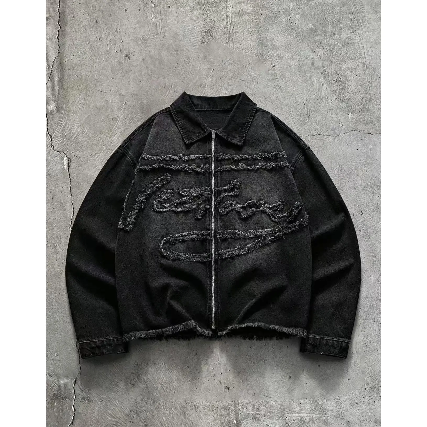 Men's Washed Black Cotton Cropped Denim Jacket - Distressed Raw Hem Zip-Up Shacket, Y2K Streetwear 3D Graphic Frayed Trucker Outerwear, Fall Casual Boxy Fit Menswear with Embroidery