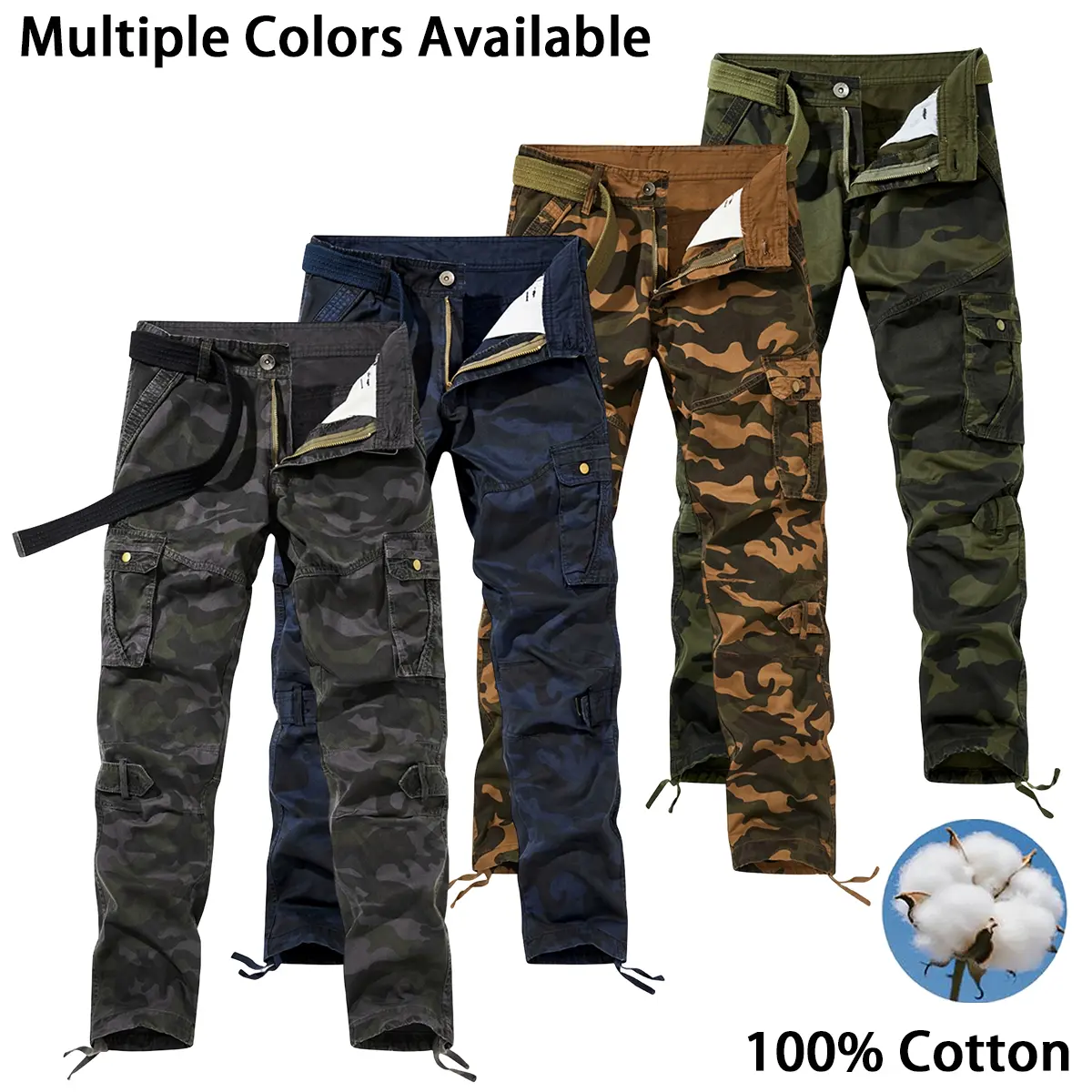 Men's Pure Cotton Camouflage Trousers - Menswear Workwear Pants with Large Pockets, Straight Leg, Drawstring Cuffs, Matching Waist Belt, All Seasons Durable Casual Bottoms, Machine Washable