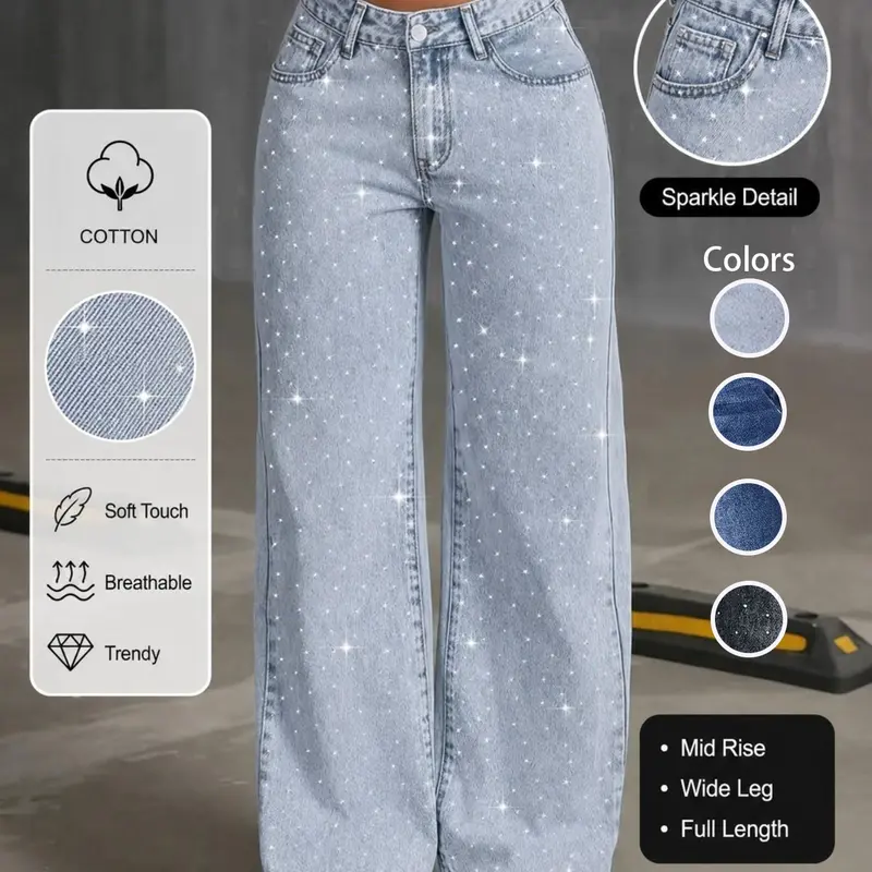 Mid-Rise Straight Leg Jeans for Women, Sparkle Rhinestone Front, Snow Wash Denim Light Wash, Slimming Streetwear, Chic Summer Pants, All Season Casual Bottoms