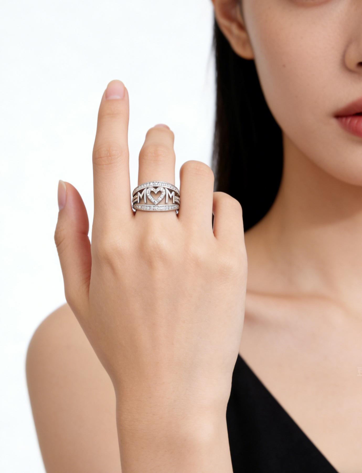 MOM Heart Ring, Sparkling cubic zirconia, "MOM" lettering, and a love heart that wraps around her finger.A Symbol of Endless Love for Mom,Mother's Day Gift