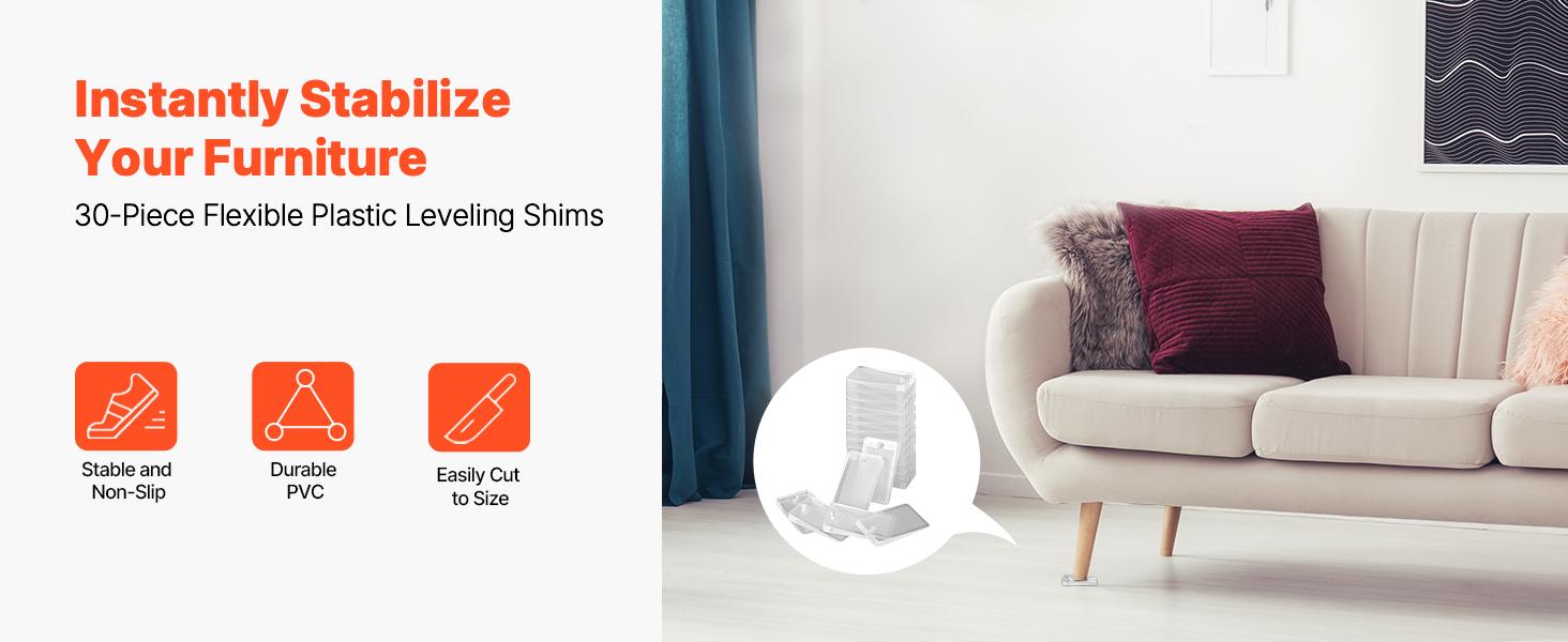 VEVOR Furniture Leveling Shims, 30 PCS 1.97x 1.16x 0.22 inch Non-Skid Clear Plastic Pads, Easy-to-Cut Furniture Leveler, Ideal Shim Leveler for Couch, Refrigerator, Table Legs to Avoid Wobbling