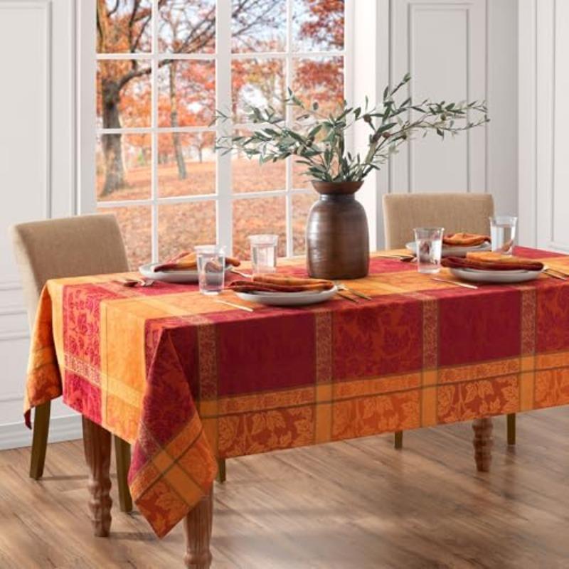 1 Large Rectangular Maple Leaf Checkered Tablecloth - Warm Autumn Colors, Farmhouse Style Thanksgiving Table Cover, Durable Polyester Fabric