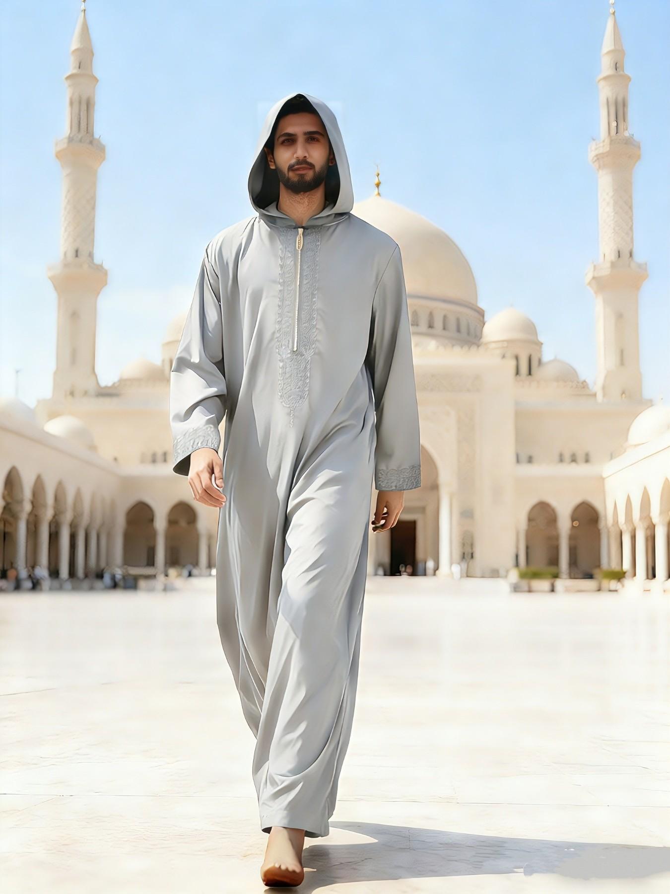 Men's Lightweight Hooded Islamic Thobe, Modest, Embroidered Zipper Front, Loose Fit, Ideal for Middle Eastern Men, Perfect for Festivals and Pilgrimages, Arabic Thobe
