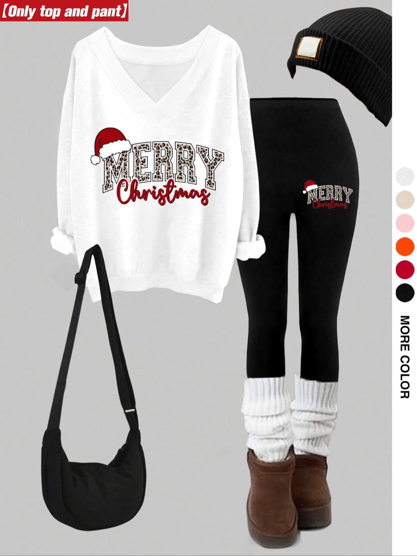 Women's Christmas Print V-Neck Long Sleeve Hoodie Set, Fitted Skinny Pants, Casual Fall & Winter, Multi Color Options, Matching Clothing Set