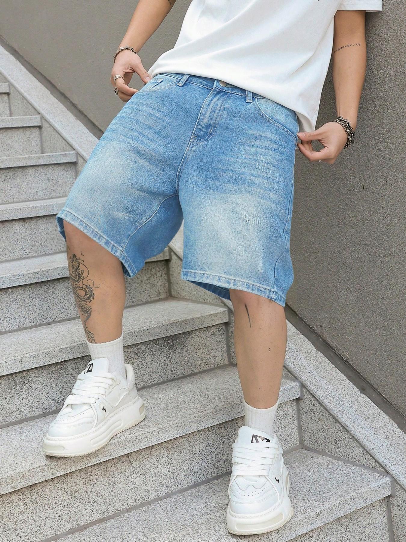 Men's Vintage Washed Classic Denim Shorts, Non-Elastic Straight Leg Fit, Simple Daily Wear Casual Pants, Loose-Fitting Short-Length Bottoms