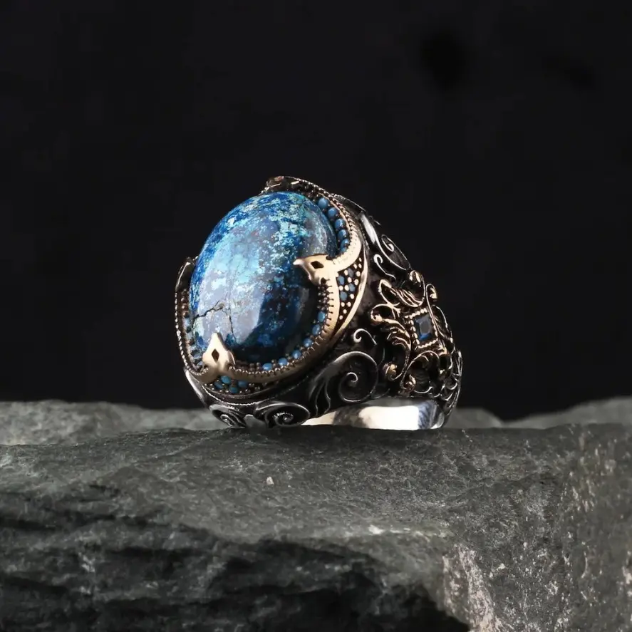 Men's Vintage Antiqued Blue Stone Carved Ring - European Palace Embossed Snake Punk Hip-Hop Open Band Costume Jewelry