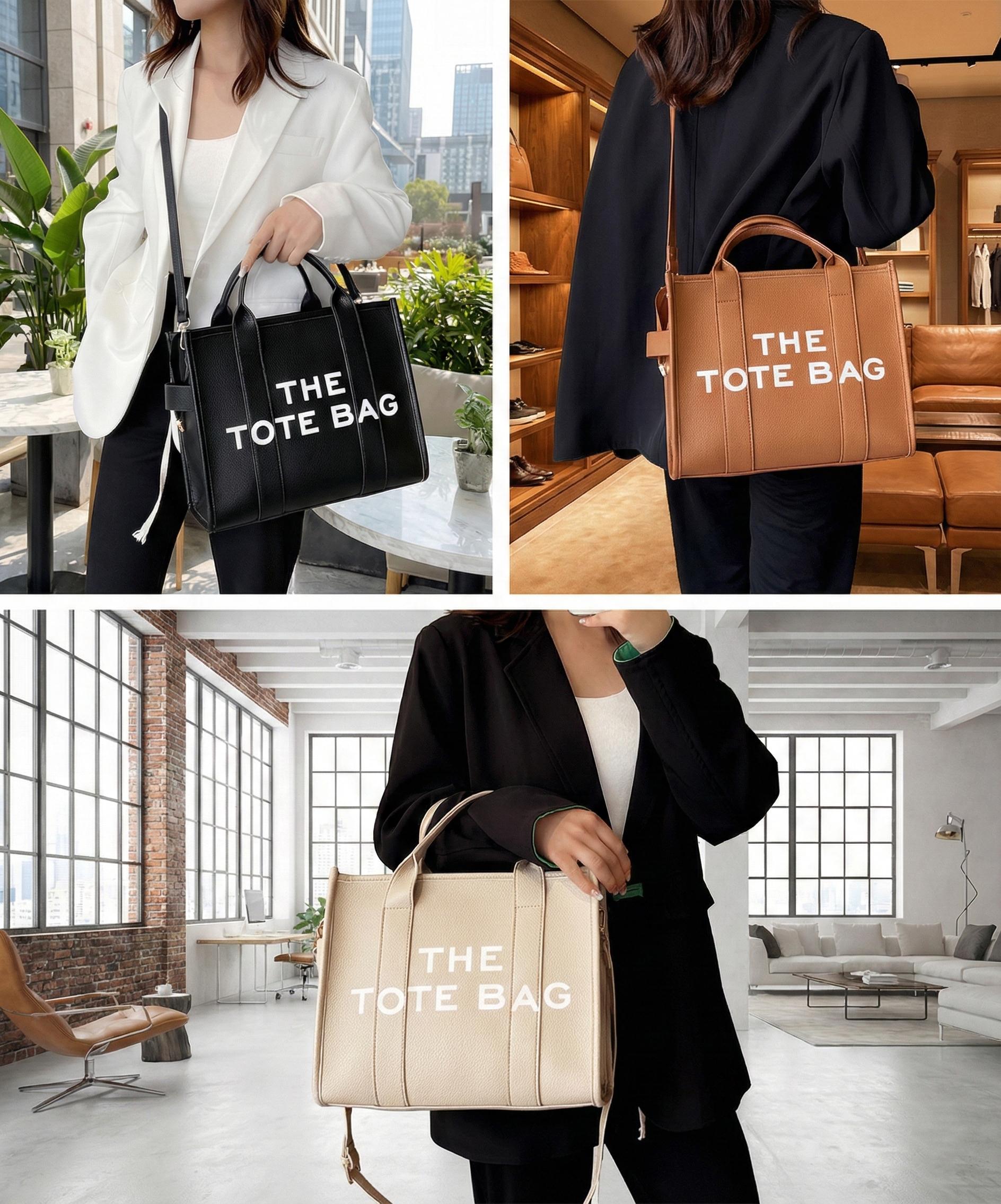Tote Bag for Women, Black PU Leather Tote with THE TOTE BAG Print, Durable Structured Handbag with Adjustable Crossbody Strap, Spacious for Work/School, Stylish Birthday Gift for Women