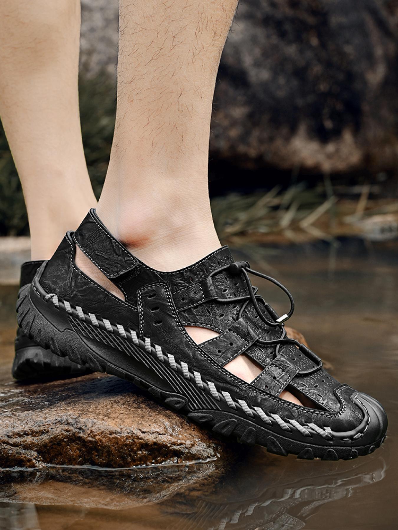 Men's Solid Color Hollowed-Out Closed-Toe Outdoor Sandals, Drawstring Velcro Non-Slip Beach Shoes, Hand-Stitched Thick-Soled Dad Shoes