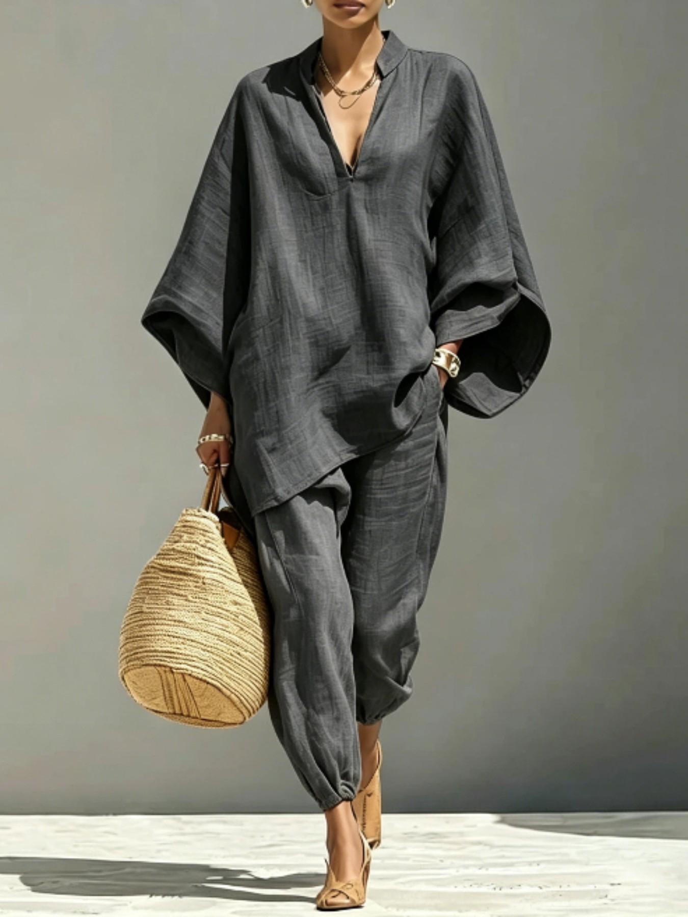 Women's Summer Loose Fit Solid Linen Deep V Neck Batwing Sleeve Pants Set, Casual Long Length, Comfortable Daily Wear, Multiple Colors Available