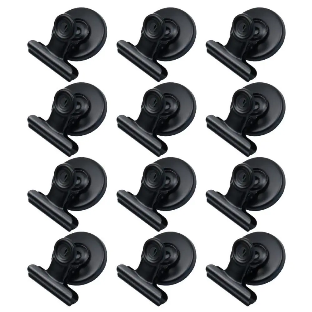 12-Piece Sturdy Magnetic Clips Set - Heavy-Duty, Plain, Compact, Double-Function, Space-Saving Paper Fasteners with Magnets for Home, Office Work, Refrigerator, Whiteboard