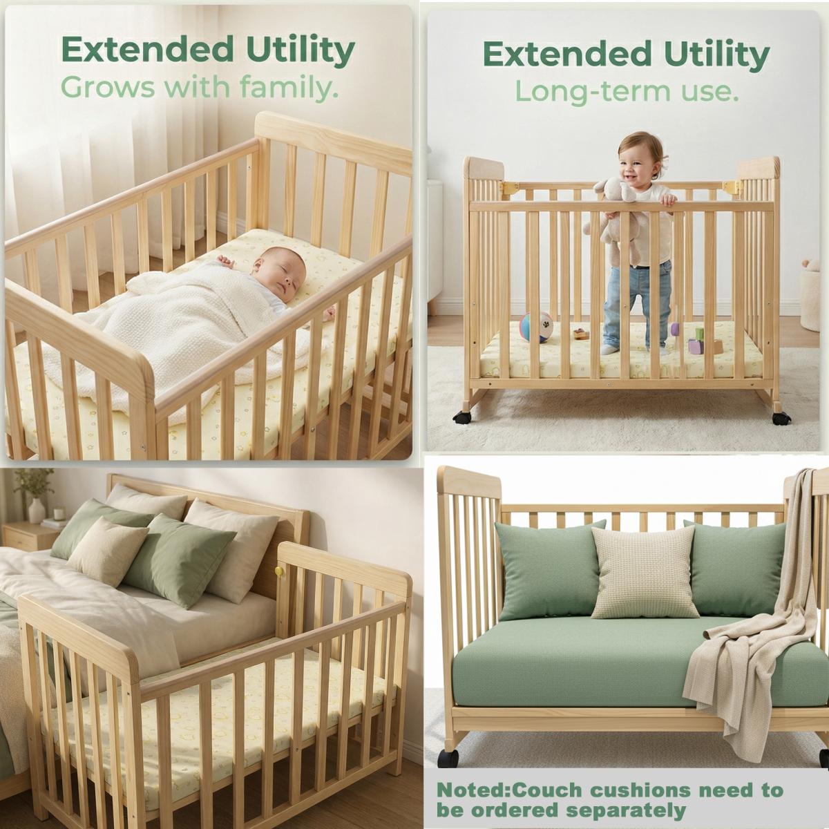 Aobtkel Baby Bassinet Bedside Sleeper - Portable Pine Wood Cribs Convertible, 3-Height Toddler Cot, 0.78in Mattress, Space-Saving Mini Crib for Newborns 0-36 Months WL