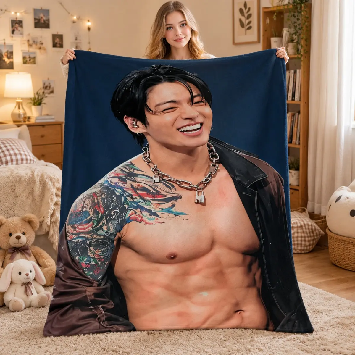 Jungkook Kpop Flannel Throw Blanket, Bangtan Inspired Soft Cozy Throw, Korean Pop Music Room Decor, BT21 Army Merch, Birthday Christmas Gift for Bangtan Fans