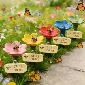5Pcs Low-profile Ceramic Bee Waterer, durable pollinator feeder with lovely bee design. Eco-friendly decor perfect for gardens, backyards and patios.