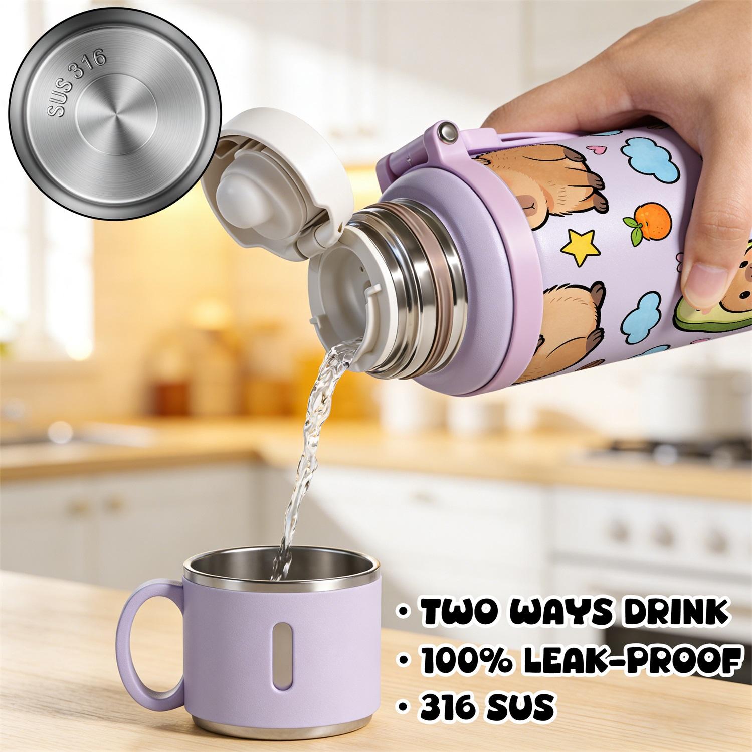 1PC, 20oz Insulated Stainless Steel Water Bottle, Vacuum Flask with Cup Lid That Doubles as Handle Cup, Double Wall Insulated Travel Mug, Cute Capybara Aesthetic Design, Portable for Outdoor Hiking Gym, School Office