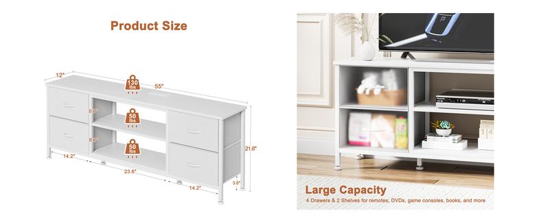 【BF&CM】AOWOS Dresser TV Stand for 50/55 inch TV, Wide Dressers & Chests of Drawers with Charging Station & 4 PU Drawers Storage, Console Sofa Table for Bedroom, Living Room