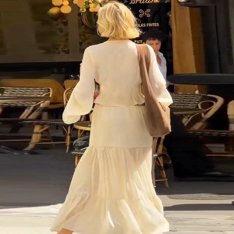 Women Spring Autumn Long Sleeve V Neck Tops Long Skirt Beach Vacation Chiffon Two Piece Set Outfit