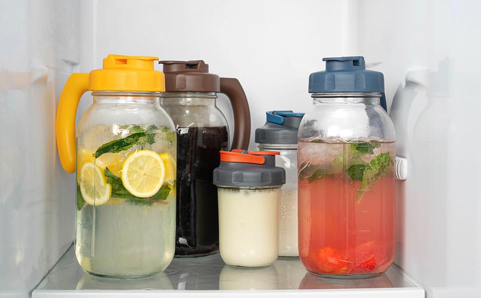 SOLIGT Mason Jar Pitcher with Handle, 64oz Wide Mouth, Airtight & Dishwasher Safe, Cold Brew Coffee Maker Pitcher, Glass Pitcher for Homemade Iced Tea Drinkware Jugs Lemon Tin Christmas Gift Ideas
