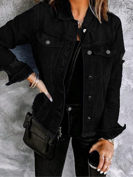 Women's Fall Winter Washed Denim Jacket Coat, Vintage Ripped Long Sleeve Jacket, Casual Autumn Winter Outerwear
