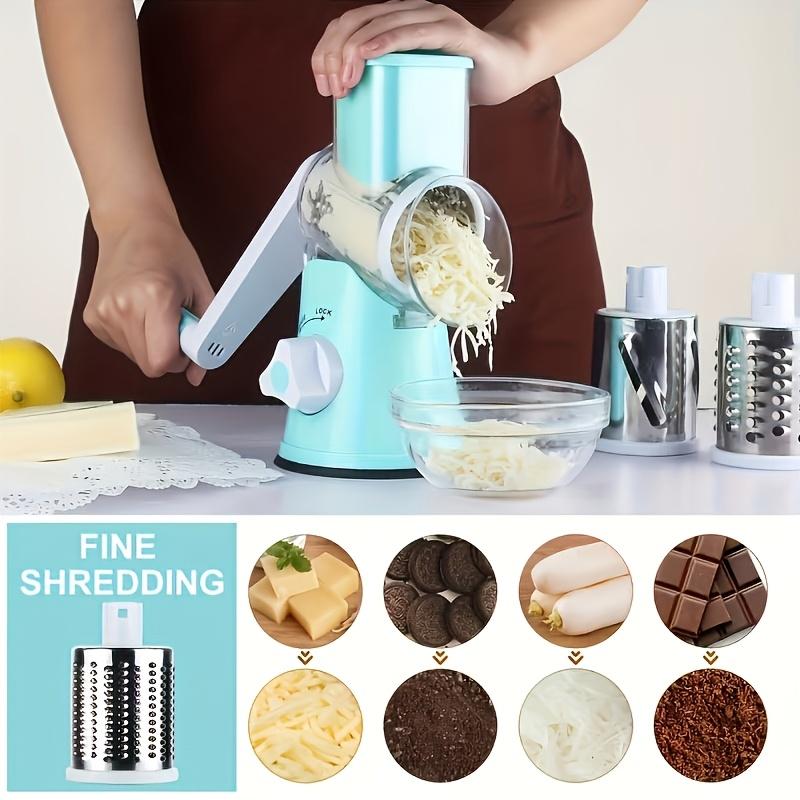 Four-piece set includes all accessories, three-in-one multi-functional convenient manual rotary cheese and vegetable potato grater - one contains 3 interchangeable grater rollers, multi-functional kitchen utensils, and meal preparation tools