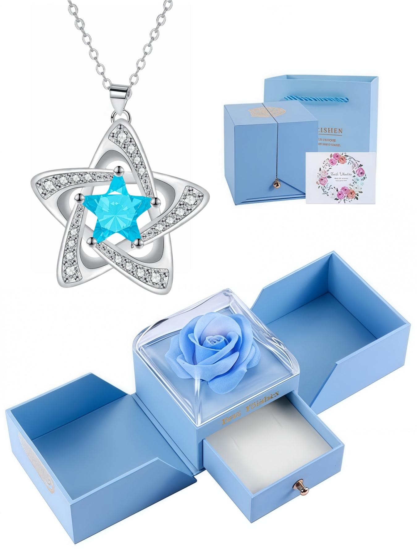 "Blue Diamond Stardust" — Elegant blue pentagram sapphire necklace, luxury & tarnish-resistant.With double-door preserved blue rose gift box and card.Ideal gift for daughter & Mother’s Day.