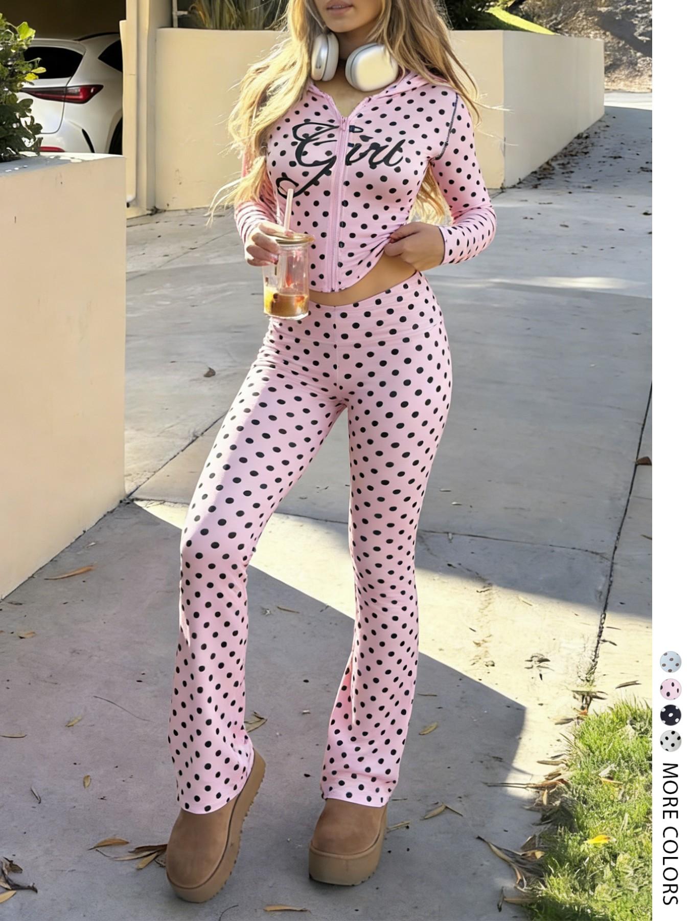LovelyWholesale Women's Casual Sporty Vintage Polka Dot Letter Print Hooded Long Sleeve Crop Top and Wide Leg Pants Set, Colorblock Zipper Design