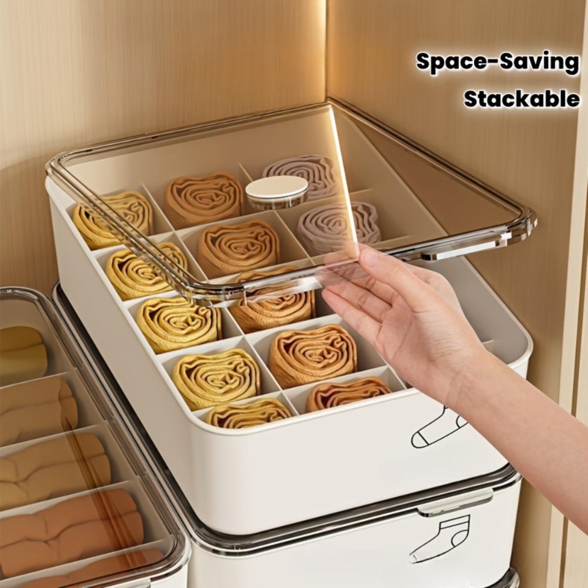 3-Section Underwear and Socks Organizer Box, Covered Closet Drawer Storage Container for Bras, Underwear, Socks and Shorts, Stackable Space-Saving Wardrobe Organizer for Dorm Room and Home