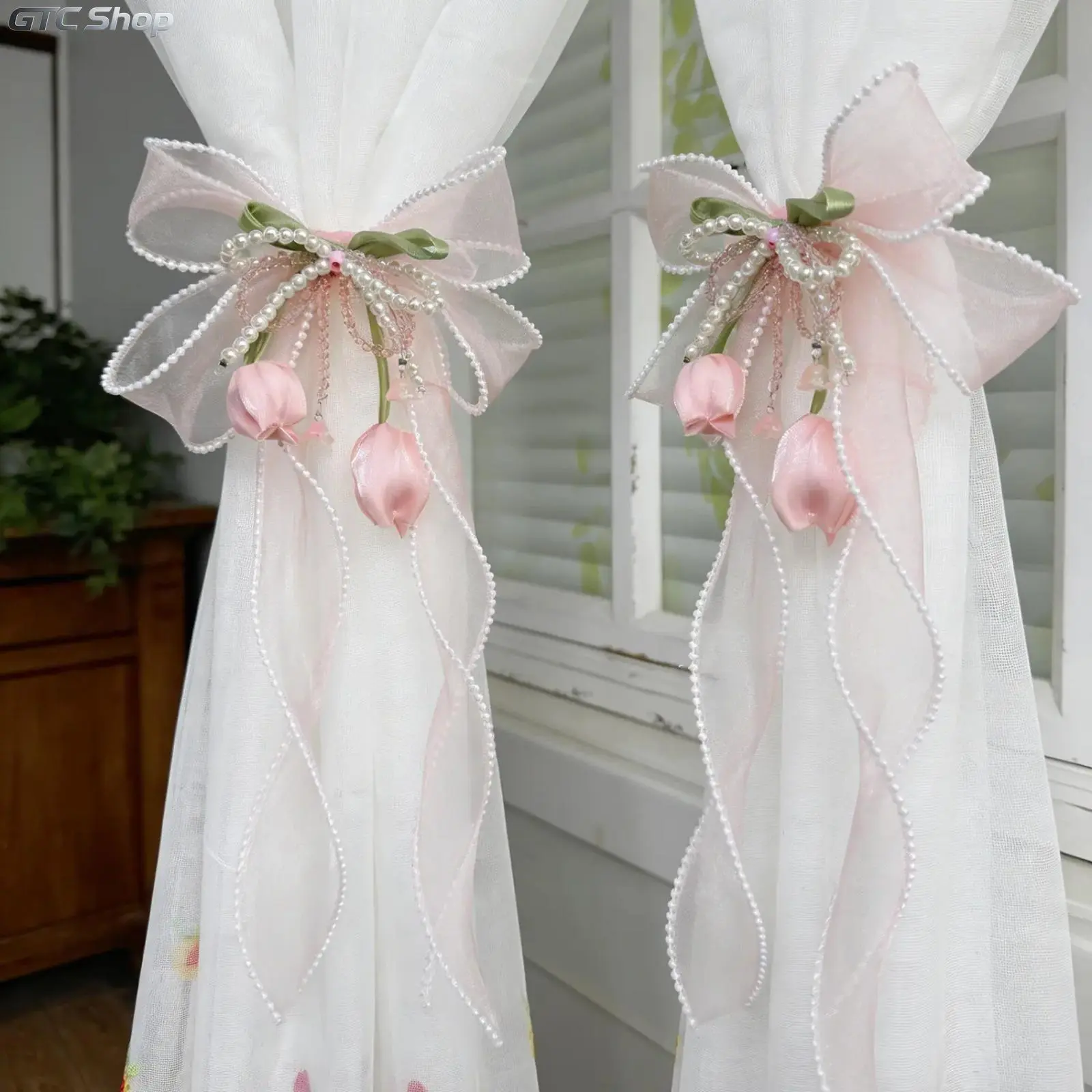 2‑Pack French Silky Bow Curtain Tiebacks, Elegant Lace Ribbon Decorative Curtain Rope Accessories, Soft Pink Tulip Stylish Home Décor for Window Treatment