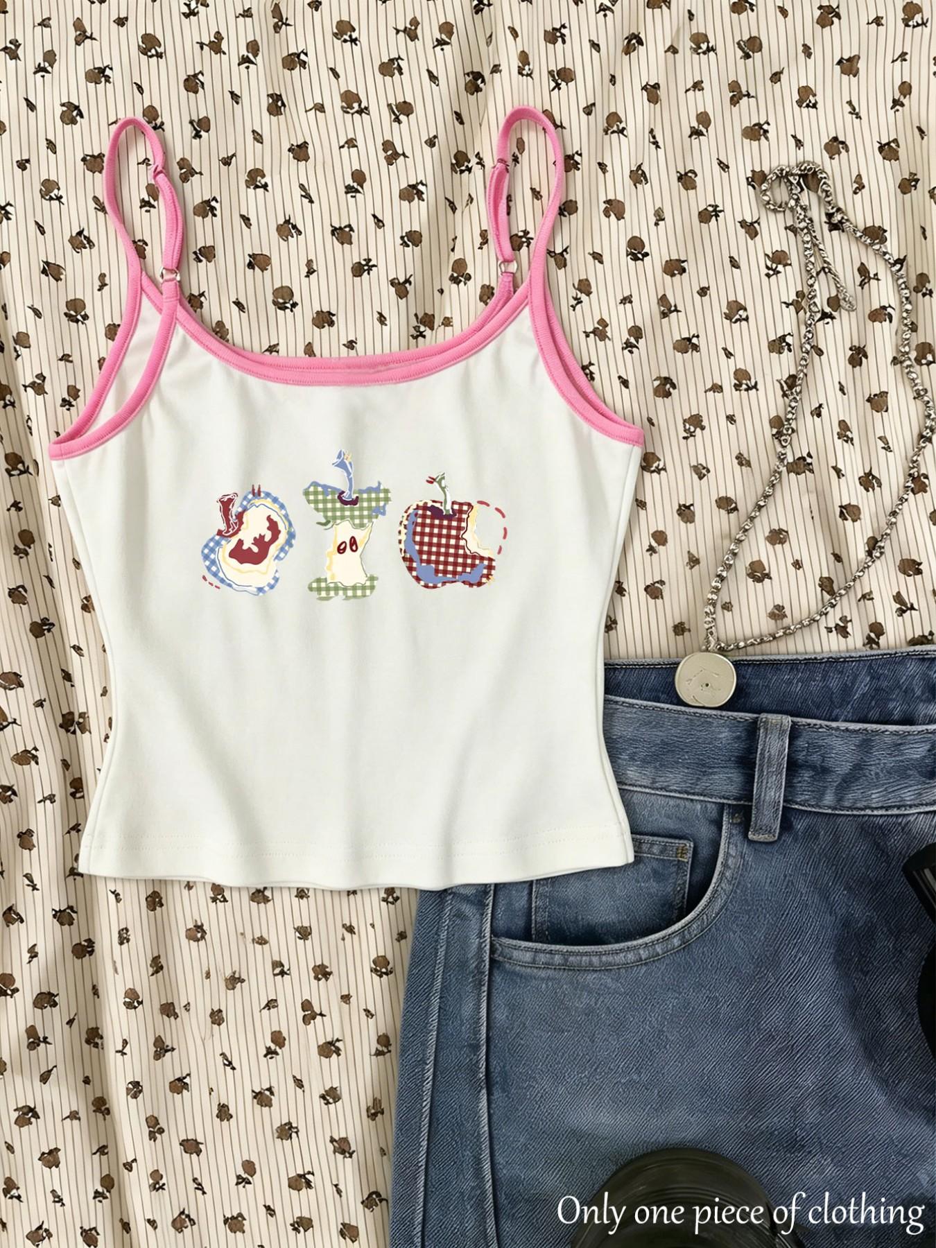 Y2K Style Apple Print Crop Top, Adjustable Shoulder Straps, Slim Fit Sleeveless Shirt, Streetwear Trendy Women's Clothing, Spring Summer New Arrival