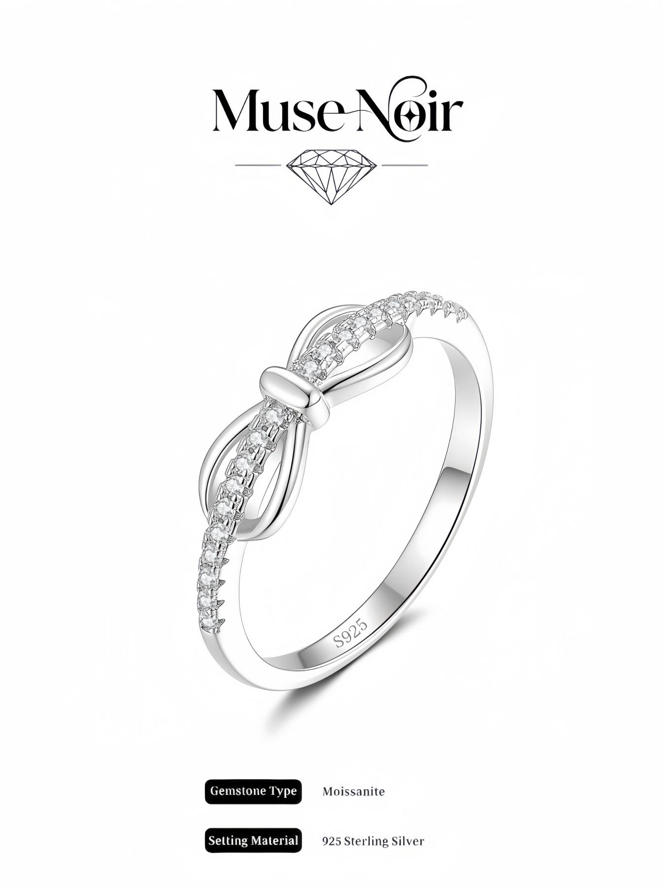 S925 Sterling Silver Elegant Bow Ring inlaid with D-color lab-grown moissanite, ideal gifts for birthdays, wedding anniversaries and Christmas