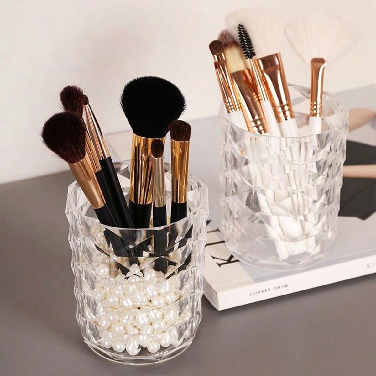 Drill Pattern Diamond Makeup Brush Storage Bucket Pen Holder, Transparent Multi-Functional Container for Eyeshadow Brushes & Water Cup, Desktop Storage Box, Makeup Cosmetic Organizer