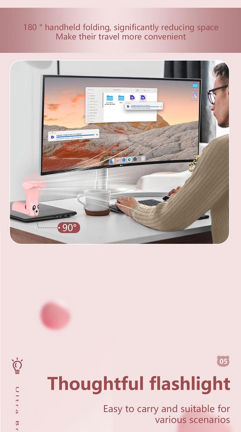 Foldable Handheld Portable Power Bank Mini Fan USB Rechargeable Desktop Fan with Wired Power Bank Portable Fan Mobile Power Bank Charger Pink Folding fan
