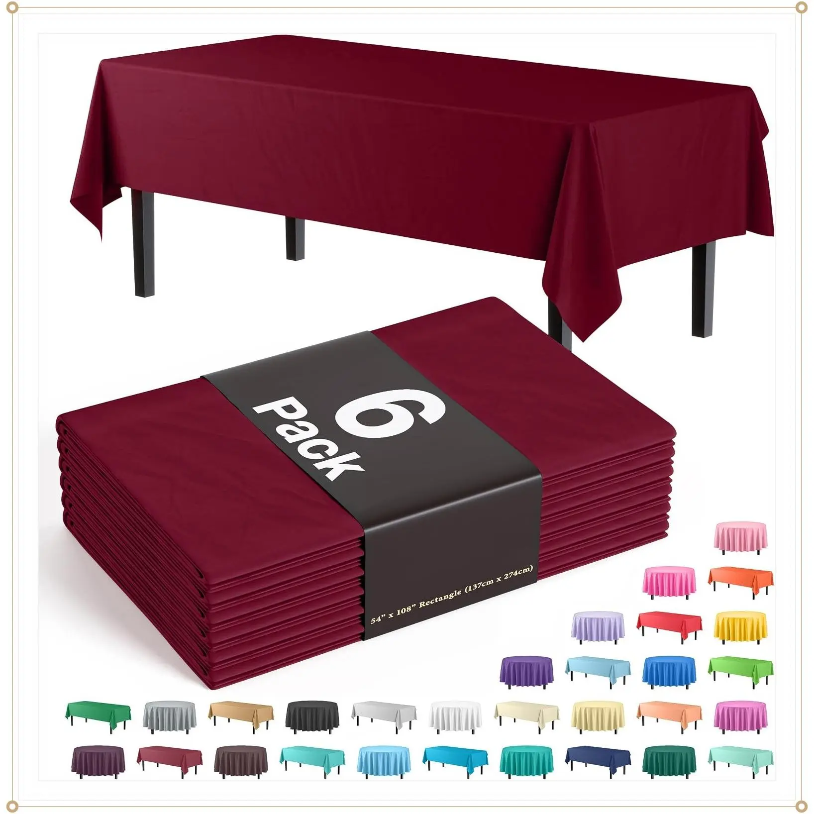 Exquisite Burgundy Plastic Table Cloth Disposable 6 Pack - 54 x 108 Inch Rectangle Tablecloth for 6 Foot Tables - Waterproof Table Cover for Party Wedding Birthday Graduation BBQ CateringGift