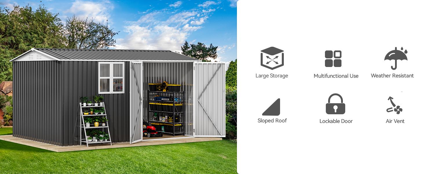 Yitahome 12x8FT Large Tool Storage Shed with Window, Lockable Doors, and Sloped Roof, Oversized Steel Outdoor Storage Shed for Garden, Patio, Garage, Backyard, Lawn - Dark Gray Yitahome 12x8FT Large Tool Storage Shed with Window, Lockable Doors, and Sloped Roof, Oversized Steel Outdoor Storage Shed for Garden, Patio, Garage, Backyard, Lawn - Dark Gray