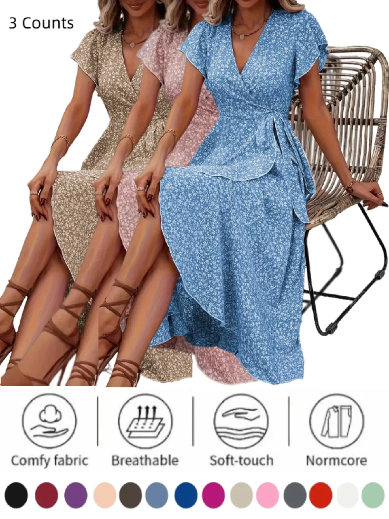 Boho V-Neck Floral Print Wrap Dress, Short Sleeve Summer Maxi Dress, Casual Boho Style, Ditsy Floral Dress, Ideal for Daily Wear & Special Occasions