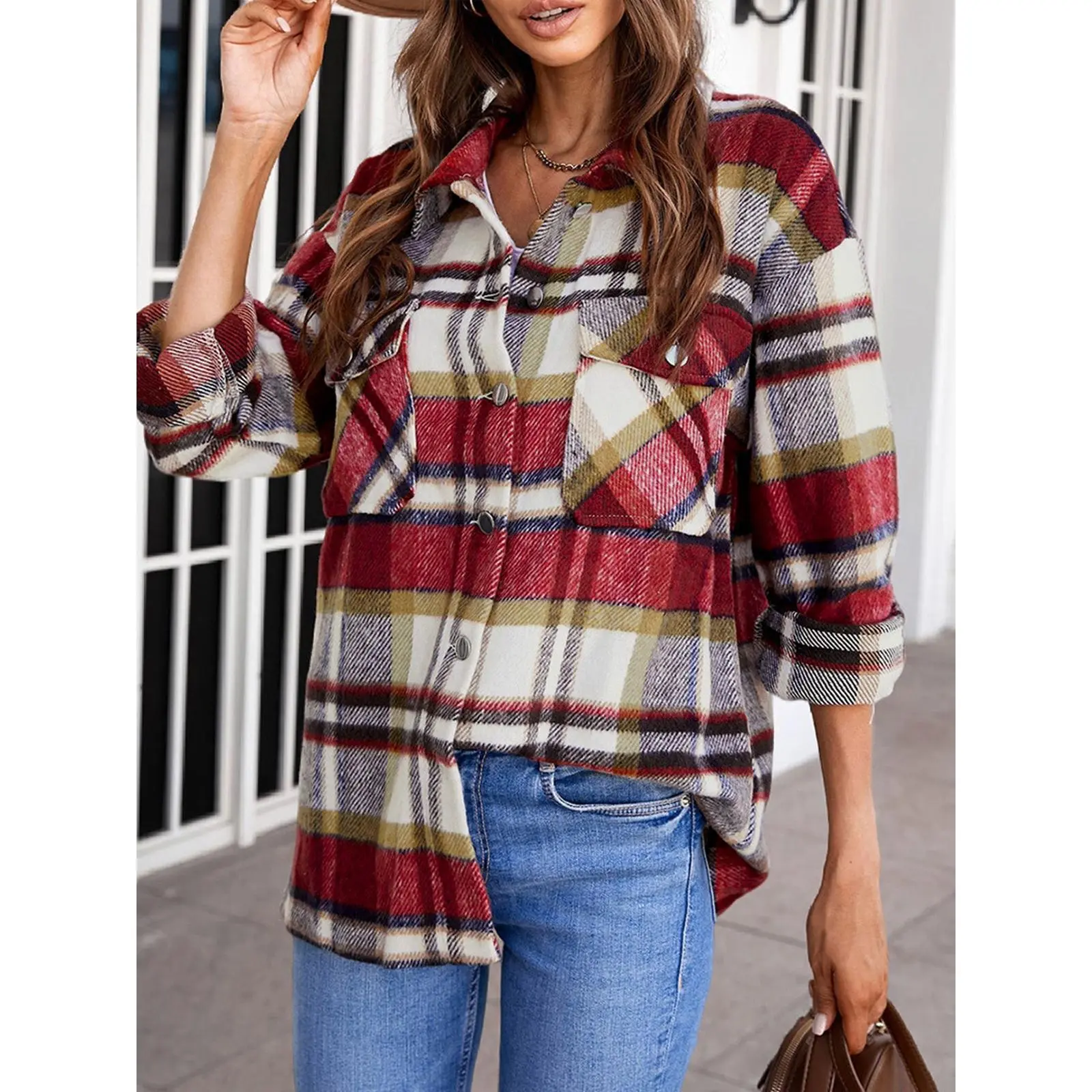 Women's Oversized Plaid Shacket, Long Sleeve Button Down Flannel Shirt Jacket with Chest Pockets, Fall Casual Outerwear