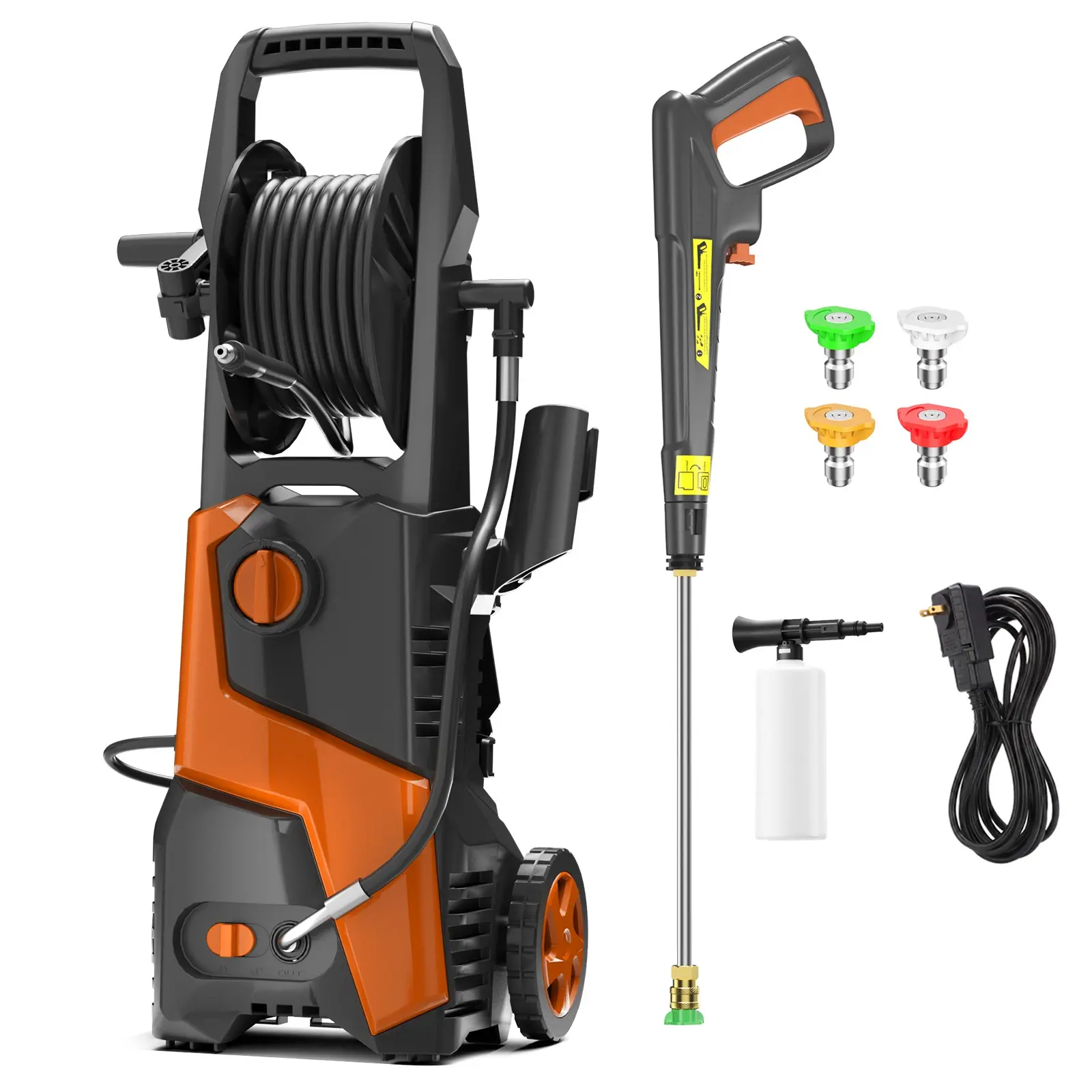 Electric Pressure Washer 5200PSI MAX 3.8GPM, Extension Hose Reel, Powerful Grime Removal, Flexible Cleaning, with 4 Spray Nozzle, 500ML Foam Cannon, Stainless Steel Lance, Automatic Total Stop System for Car Wash, Driveway, Outdoor Cleaning,,adj-15-level,