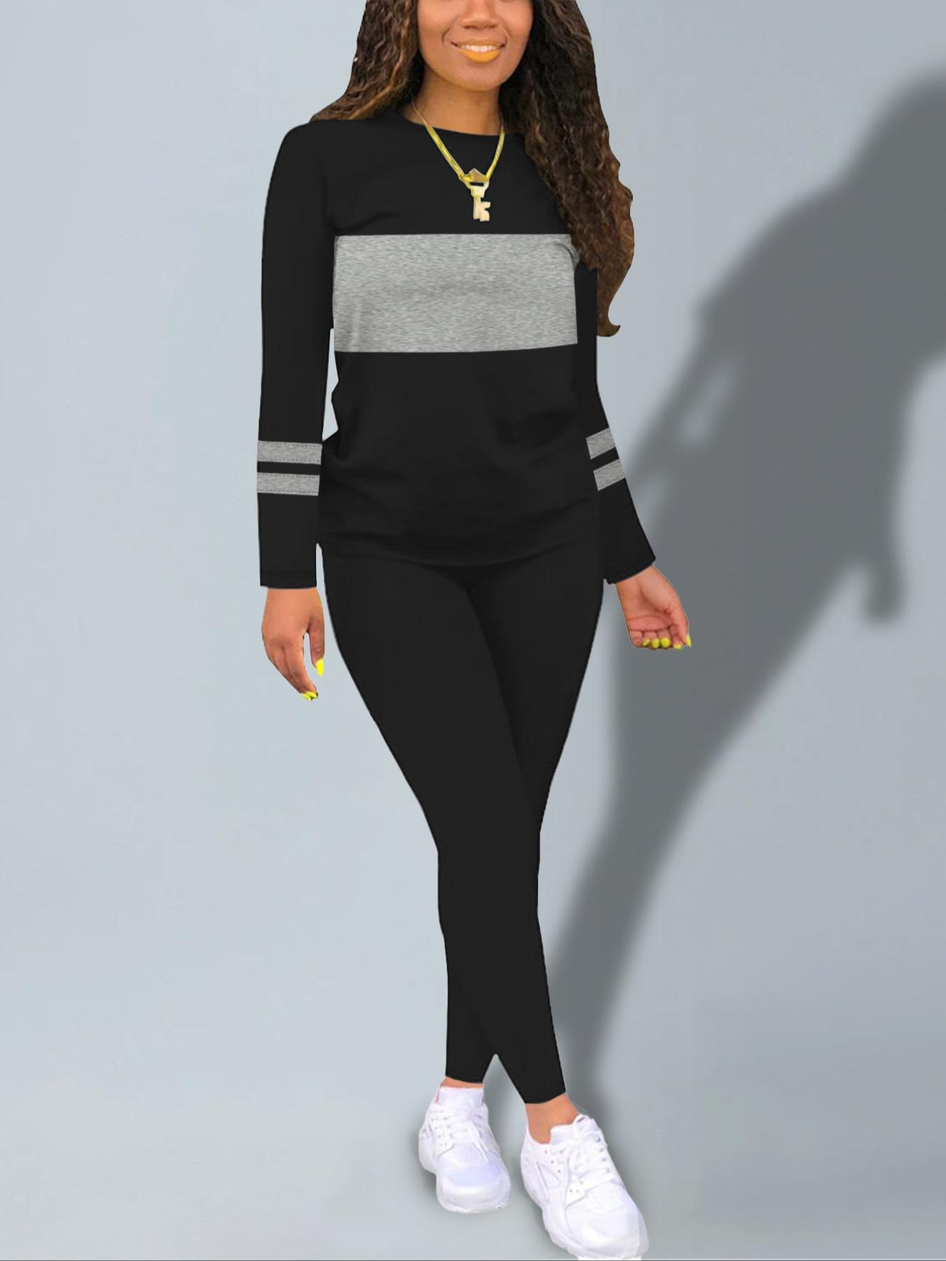 Women's Fall New Colorblock Round Neck Long Sleeve Top & Skinny Pants Set, Casual Two-Piece, Comfortable Fashion Clothing