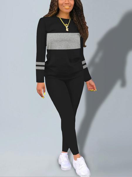 Women's Fall New Colorblock Round Neck Long Sleeve Top & Skinny Pants Set, Casual Two-Piece, Comfortable Fashion Clothing