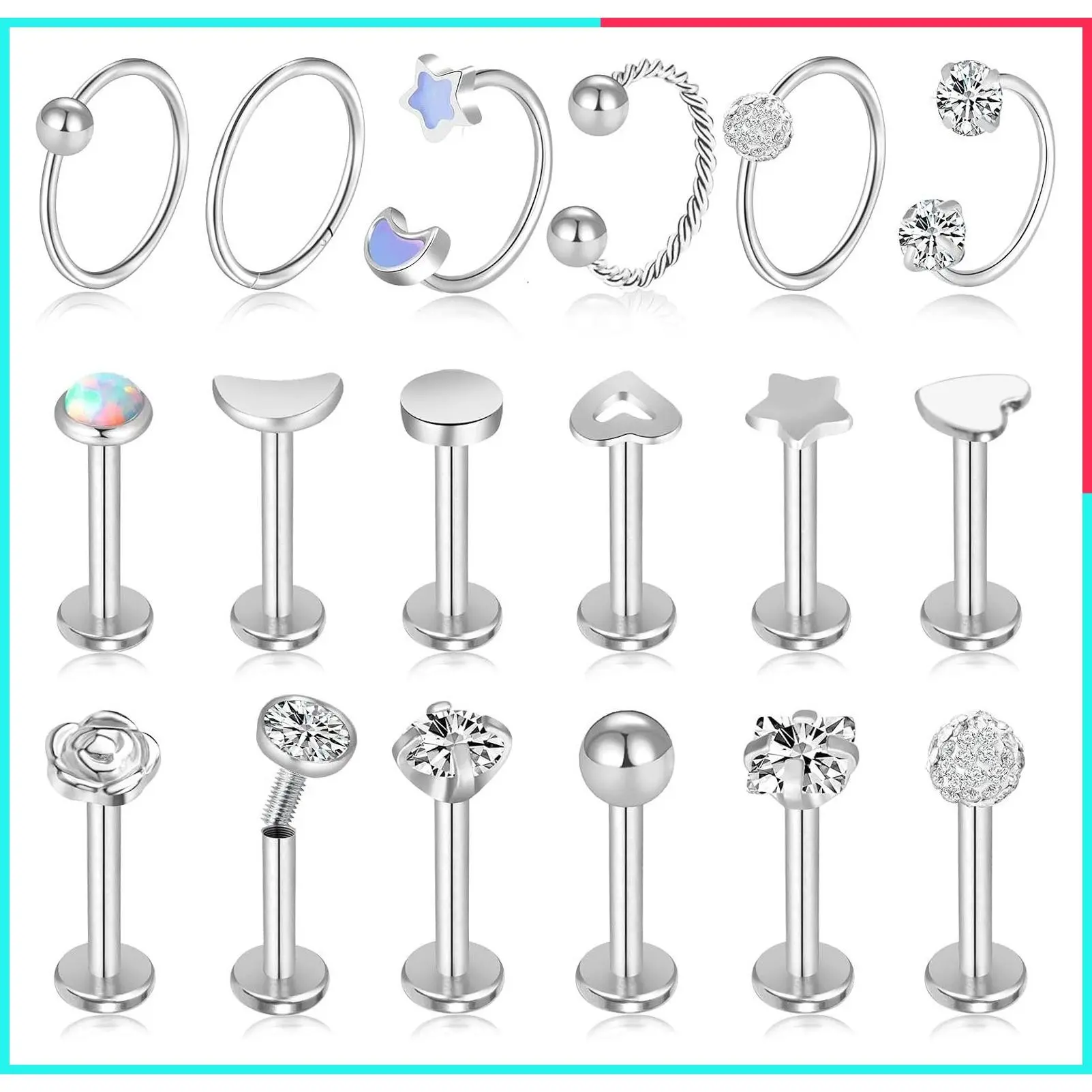 12-25 Pcs 16G Tragus Cartilage Earrings Labret Stud Piercing Jewelry Set for Women Men
