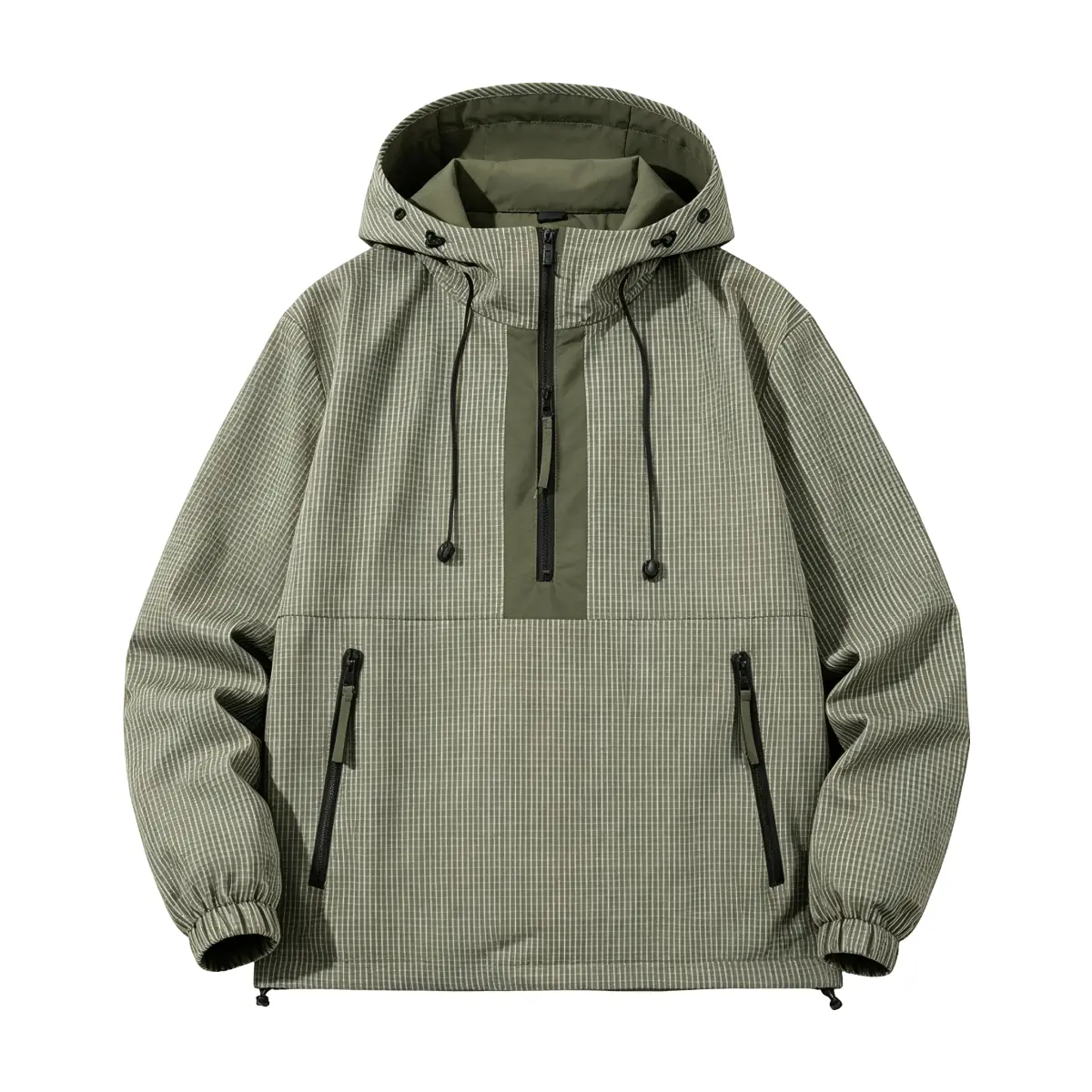 Men's Checkered Polyester Half-Zip Pullover Hooded Jacket - Menswear Fitted Colorblock Windproof Lightweight Windbreaker, Adjustable Drawstring Hood, Zipper Side Pockets, Elastic Cuffs, Loose Casual Top, Hiking, Daily Commuting, Spring Autumn Winter