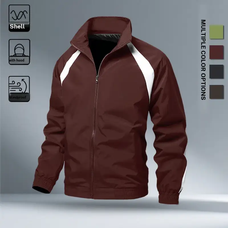 Lightweight Raglan Color Block Windbreaker for Men, Hidden Attached Drawstring Hood Wind Resistant Fabric, Relaxed Fit Full Zip Casual Outer Layer for Weekend Travel Camping Sports
