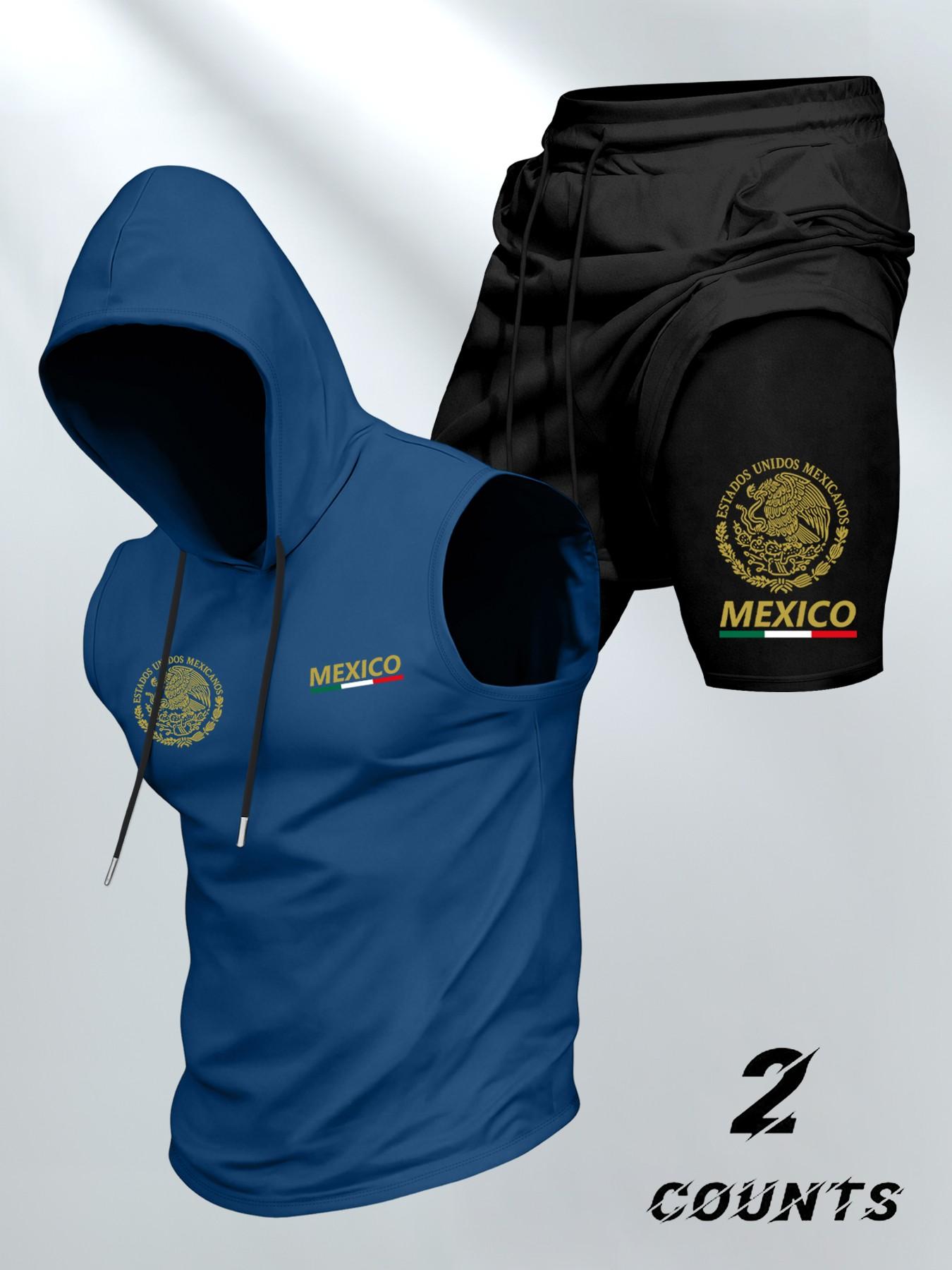 Men's Casual Fashion 2-Piece Sporty Set, Vintage Mexican Emblem Print Hooded Vest and Fake Two-Piece Shorts, Comfortable Trendy Summer Outdoor Sports Wear