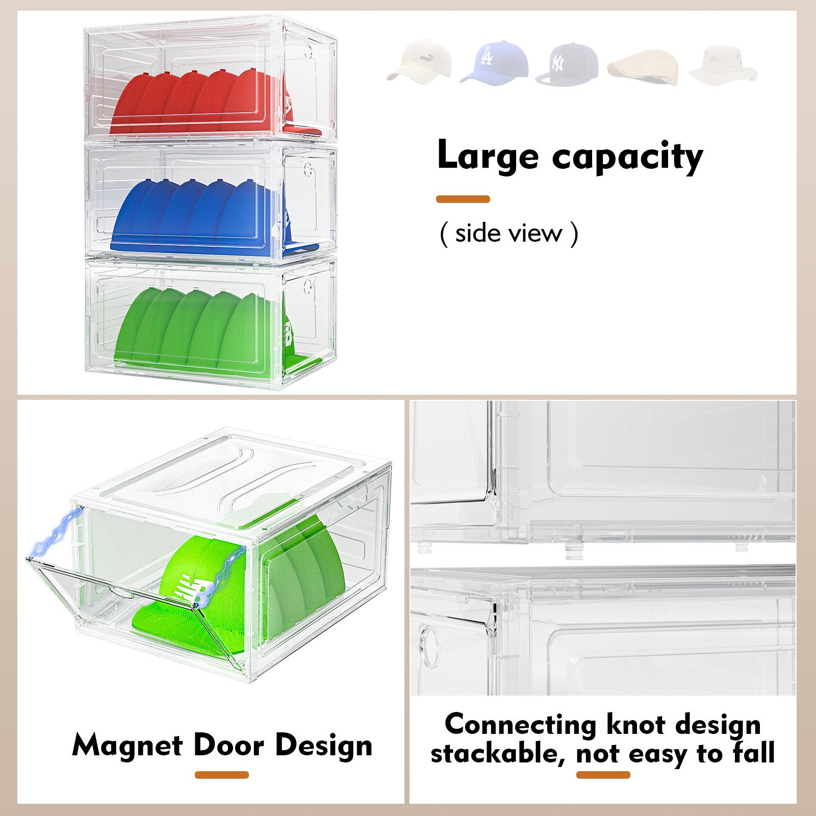 7CODE Hat Organizer Box, 6 Boxes for 40 Pack Hats, Upgrade Harder Solid Plastic Hat Organizer for Baseball Caps, Clear Hat Storage with Magnetic Door, Hat Rack, , Hat Case, , White
